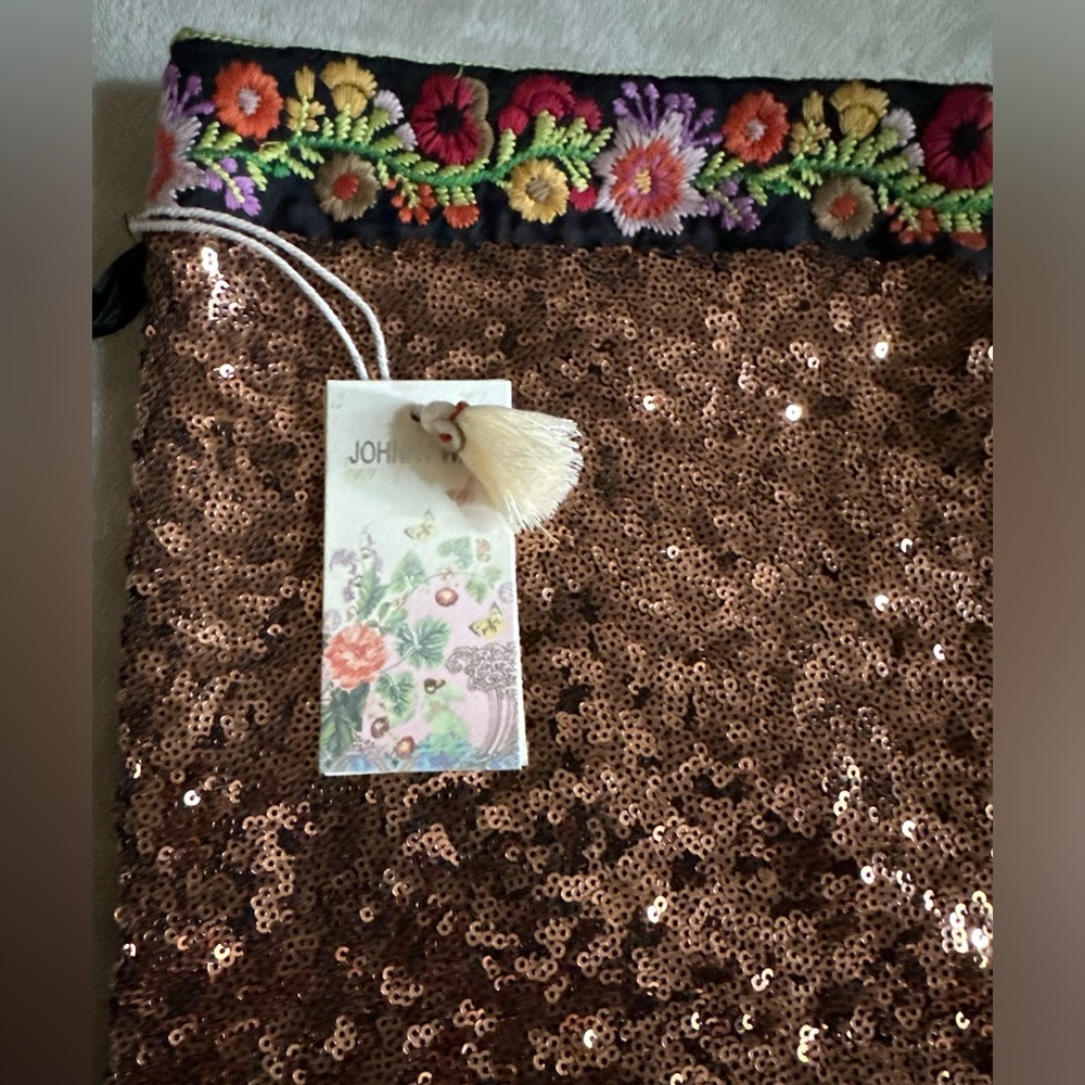 Luxury Johnny Was Copper Sequin Stocking with Floral Trim